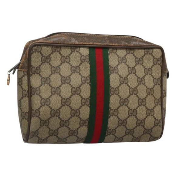 GUCCI GG Supreme Web Sherry Line Clutch Bag PVC Beige Red 56 01 012 Auth BA1131 - Picture 1 of 16